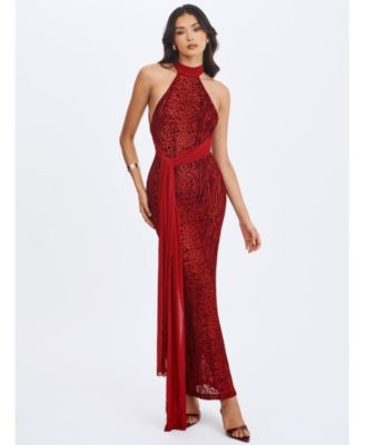  Cerise Burnout Velvet Multiwear Mesh Ribbon Maxi Dress