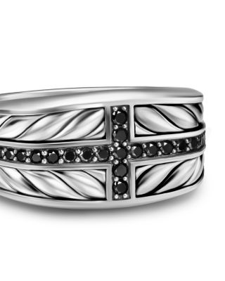 Men's Chevron Three Sided Signet Ring in Sterling Silver with Black Diamonds, 12.5mm