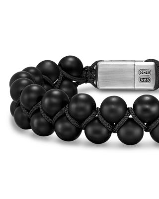 Men's Spiritual Beads Two Row Woven Bracelet Collection with Black Onyx, Black Nylon and Sterling Silver, 8mm