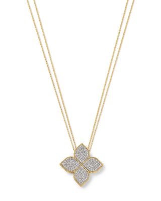 18K White & Yellow Gold Princess Flower Diamond Adjustable Pendant Necklace, 18 or 31"