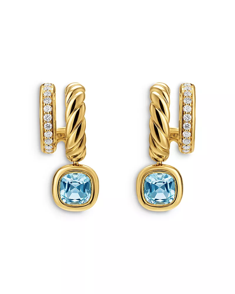 Dy Mercer Color Two Row Drop Earrings in 18K Yellow Gold with Sky Blue Topaz and Diamonds, 19.5mm