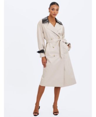  Umber Double-Breasted Faux Leather Lapel Trench Coat