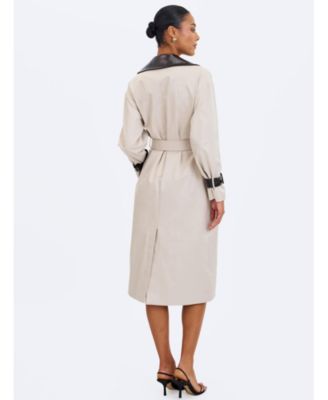  Umber Double-Breasted Faux Leather Lapel Trench Coat