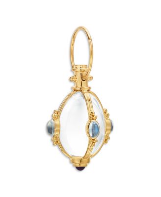 18K Yellow Gold Classic Cabochon Amulet with Oval Rock Crystal, Royal Blue Moonstone and Tanzanite