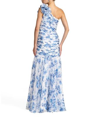  Printed Chiffon One Shoulder Ruched Ruffle Gown