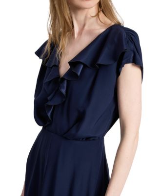  Mandy Ruffled Faux Wrap Silk Midi Dress