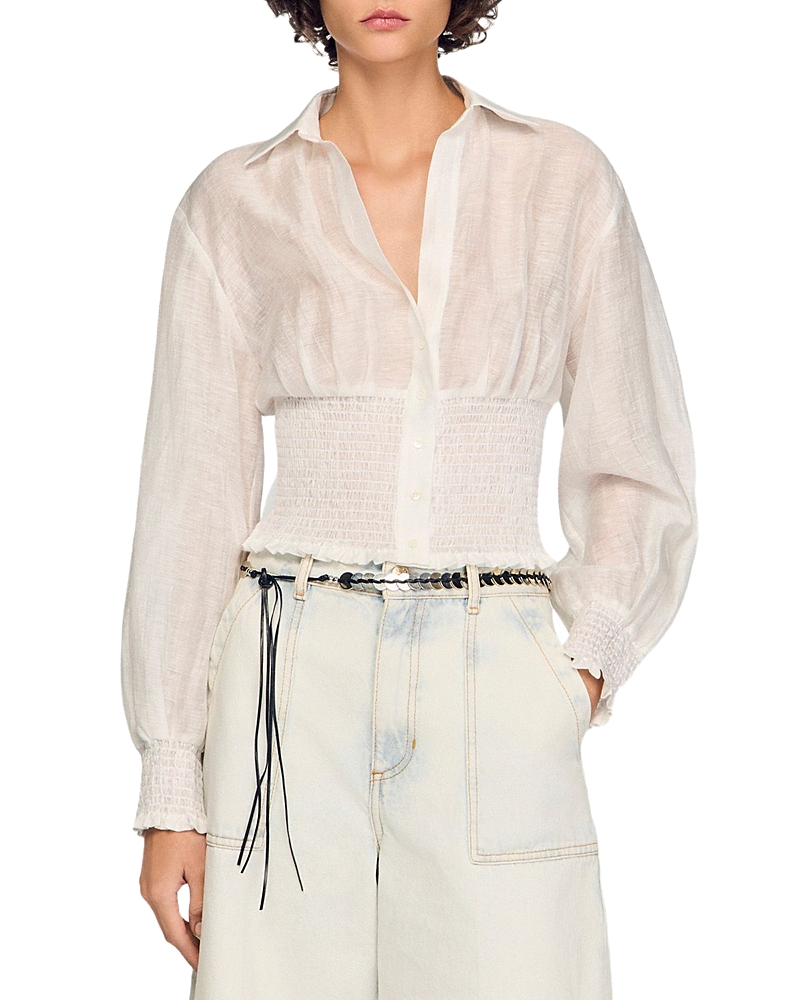 Sandro Judia Smocked Linen Blend Shirt