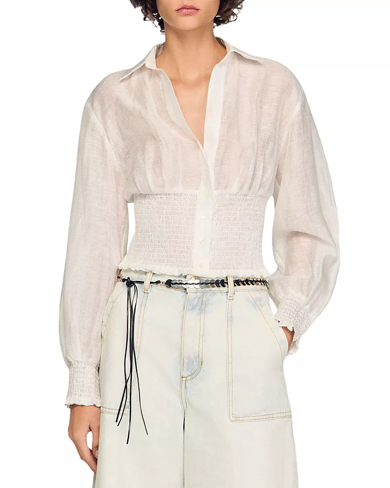 Sandro Judia Smocked Linen Blend Shirt
