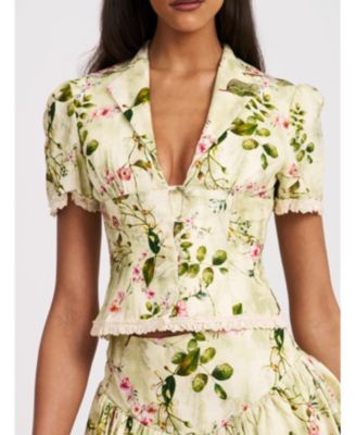  Zanella Floral Print Lace Trim Linen Top