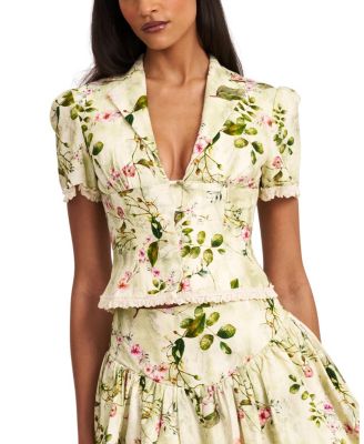  Zanella Floral Print Lace Trim Linen Top