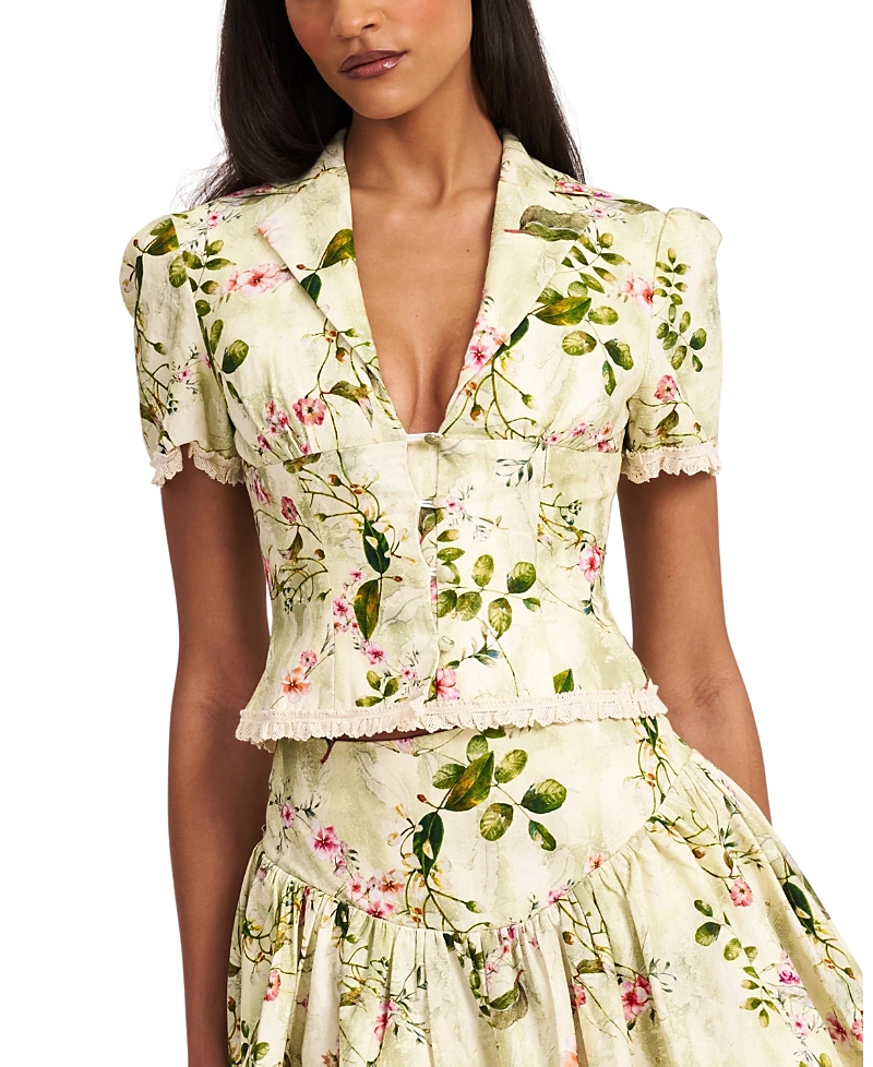 Miss Circle Zanella Floral Print Lace Trim Linen Top