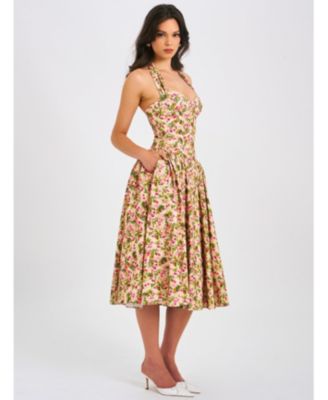  Niya Floral Print Linen Halter Corset Maxi Dress