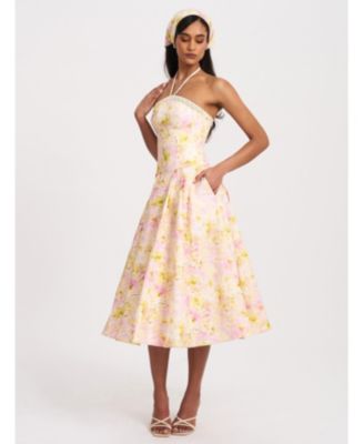  Zaina Floral Print Lace Trim Linen Midi Dress