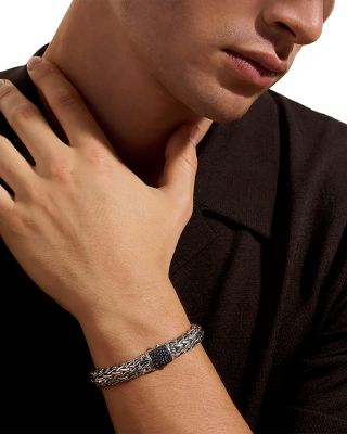 Sterling Silver Icon Black Sapphire Pav&eacute; Clasp Woven Link Bracelet, 10.5mm