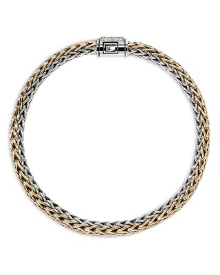 14K Yellow Bonded Gold & Silver Icon Diamond Clasp Reversible Woven Bracelet, 6.5mm