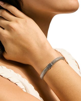 Sterling Silver Icon Black Sapphire Pav&eacute; Clasp Woven Bracelet, 7.5mm