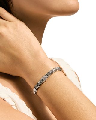 Sterling Silver Icon Diamond Pav&eacute; Clasp Woven Bracelet, 7.5mm