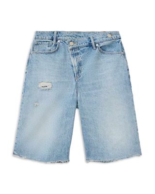 Aki Mid Rise Crossover Jean Shorts in Destroy Light Blue