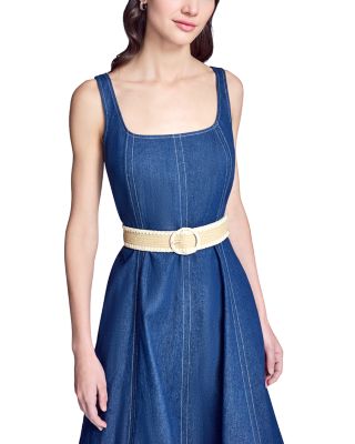 Faux Denim Midi Belted Dress