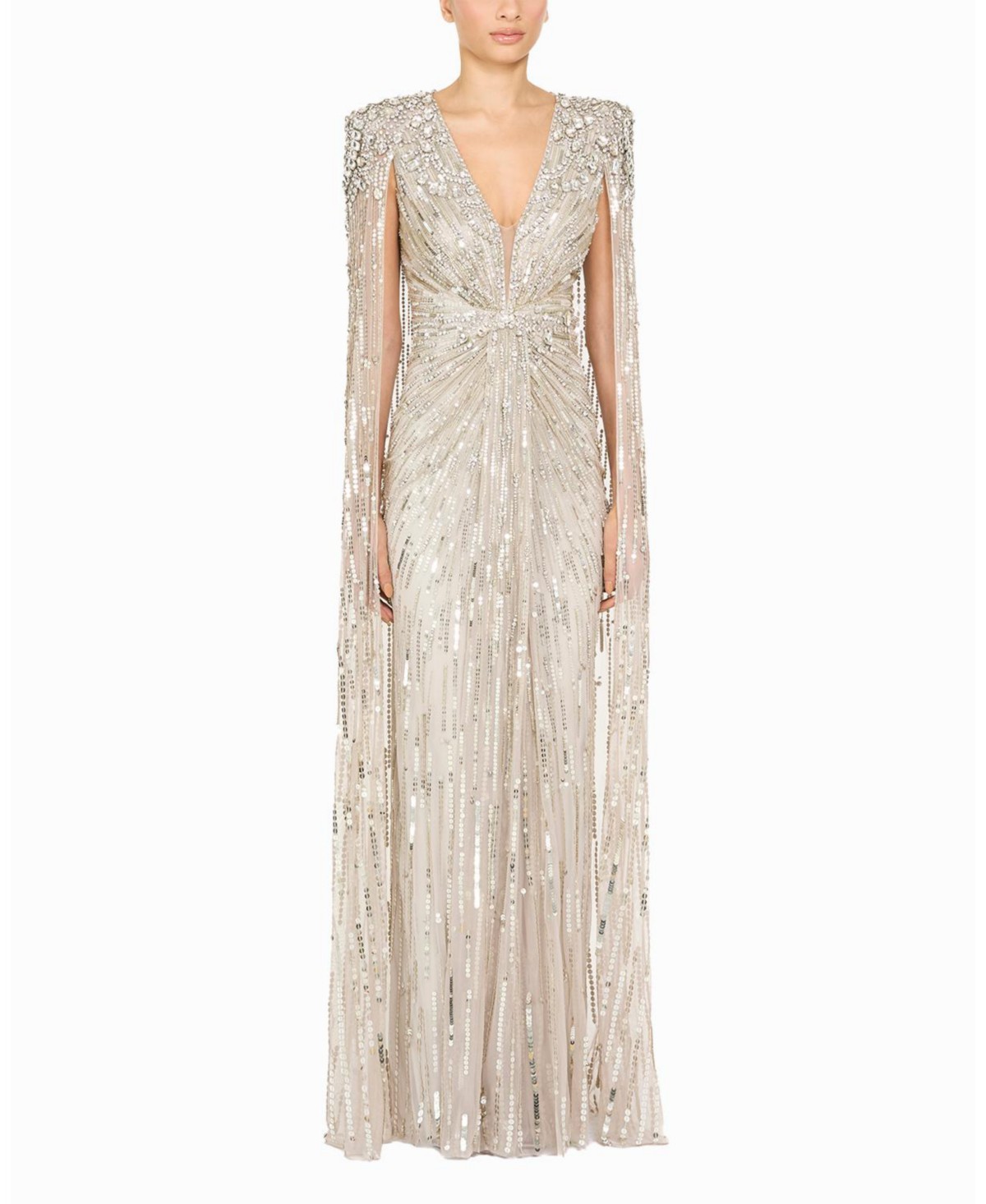 Jenny Packham Lotus Lady Sequin-Embellished Cape Gown in Platinum