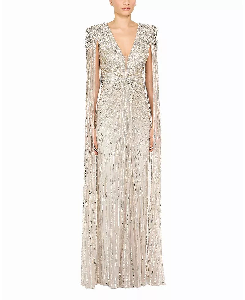Jenny Packham Lotus Lady Sequin-Embellished Cape Gown