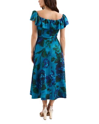 Brianne Blue Floral Ruffle Midi Dress