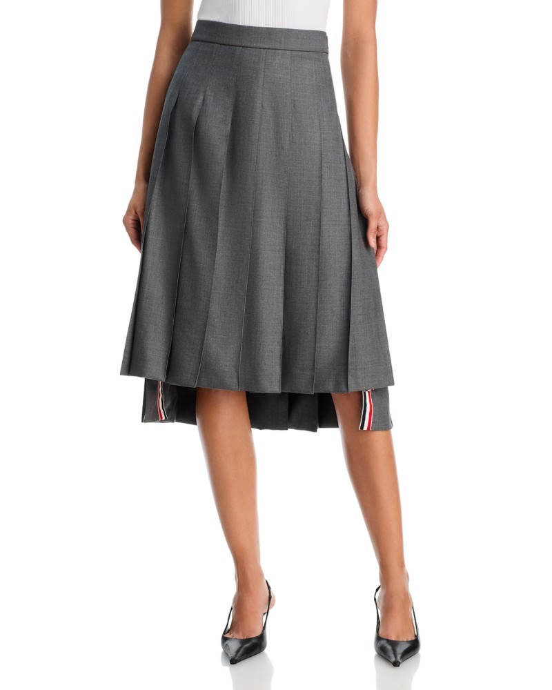 Thom Browne Below Knee Dropped Back Pleated Skirt in Medium Grey