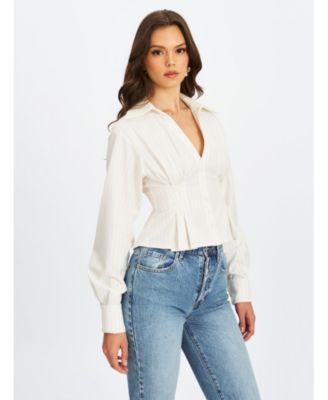  Sylvia Pinstripe Deep V Pleated Shirt