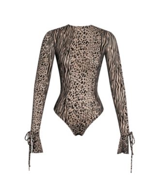  Ibera Animal Print Burnout Velvet Long Sleeve Bodysuit