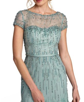  Embellished Net Short Sleeve Feather Gown
