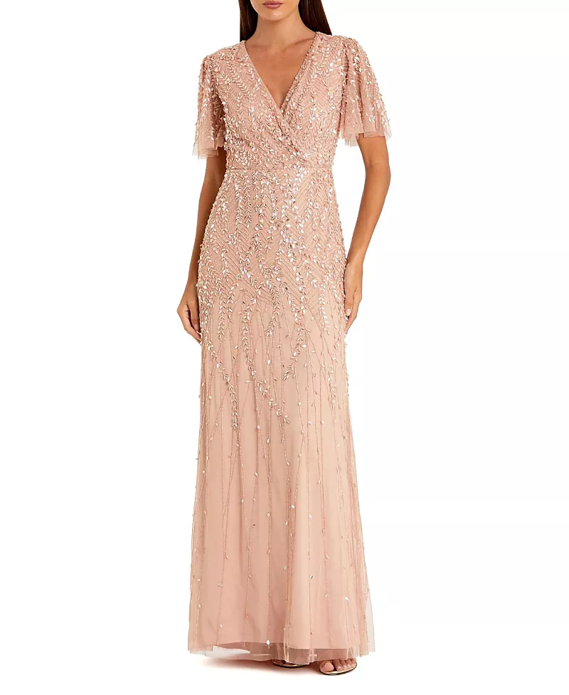 Mac Duggal Petite Embellished Flutter Sleeve Evening Gown