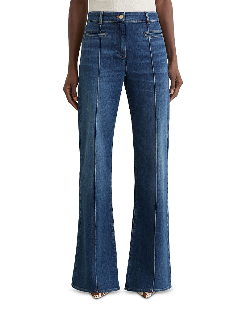 Reiss Claude High Rise Pintuck Flare Jeans in Mid Blue