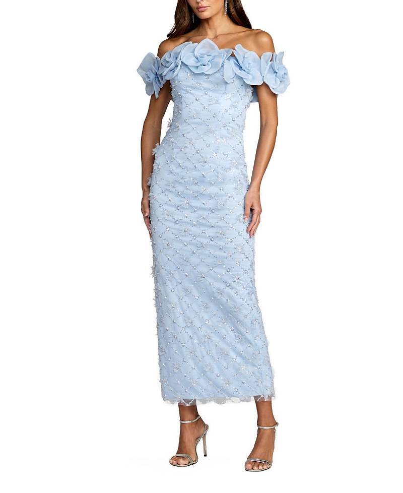Mac Duggal Off The Shoulder Embellished Dress With 3D Flower Detail