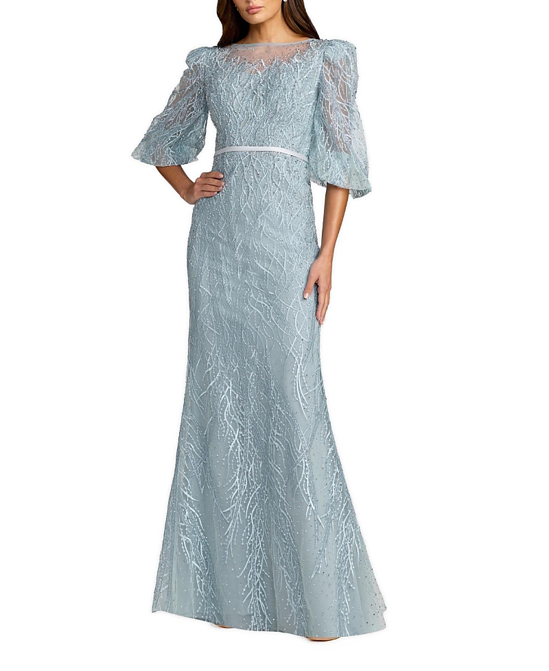Mac Duggal Embroidered Beaded Boat Neck Gown with Illusion Puff Sleeves