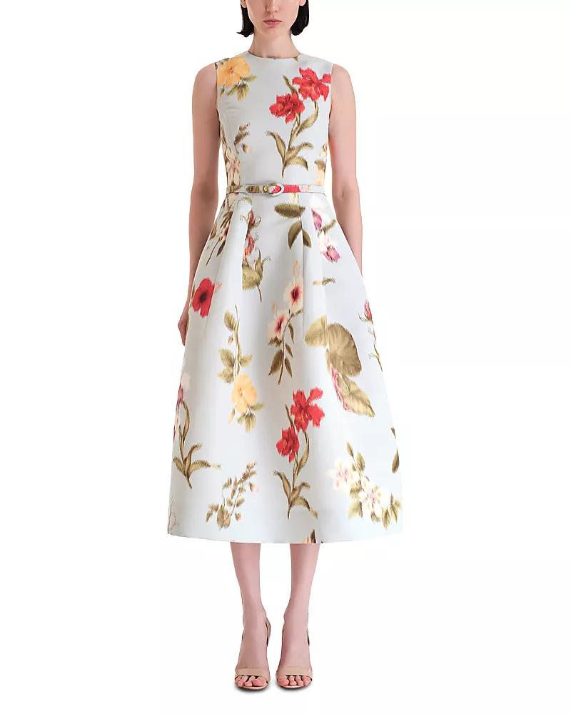 Oscar de la Renta Chine Multi Floral Faille Day Dress