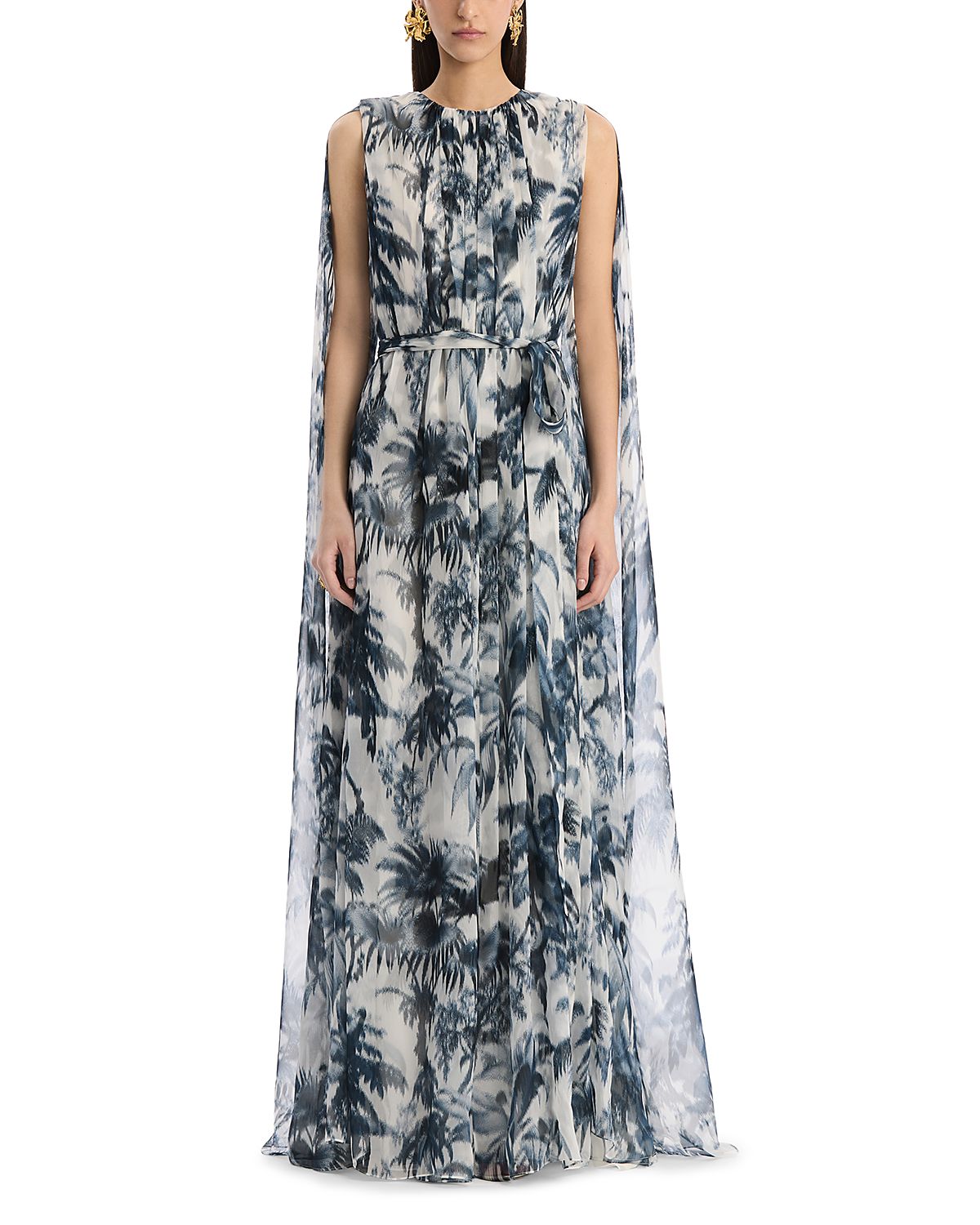 Oscar de la Renta Draped Sleeve Large Chine Palm Leaves Silk Caftan Dress