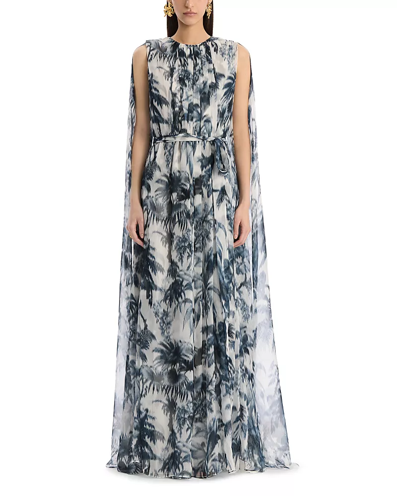 Oscar de la Renta Draped Sleeve Large Chine Palm Leaves Silk Caftan Dress