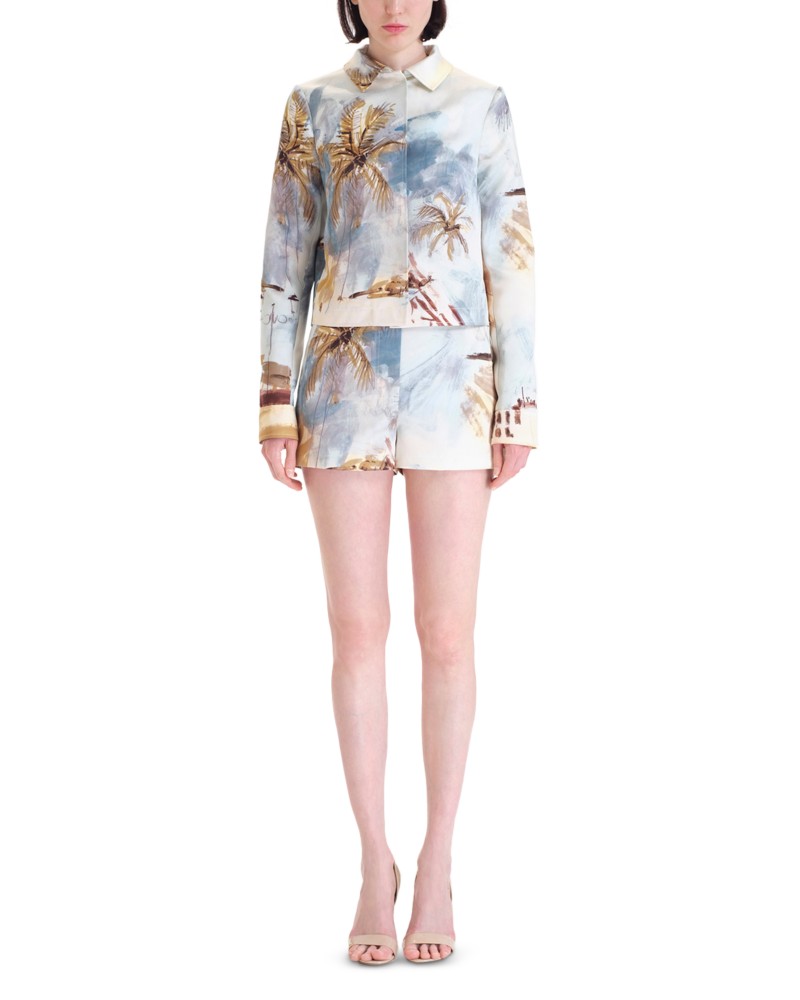 Oscar de la Renta Long Sleeve Beach Landscape Satin Jacket in Blue Green Multi