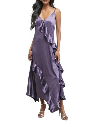 Metallic Satin Ruffle Midi Slip Dress