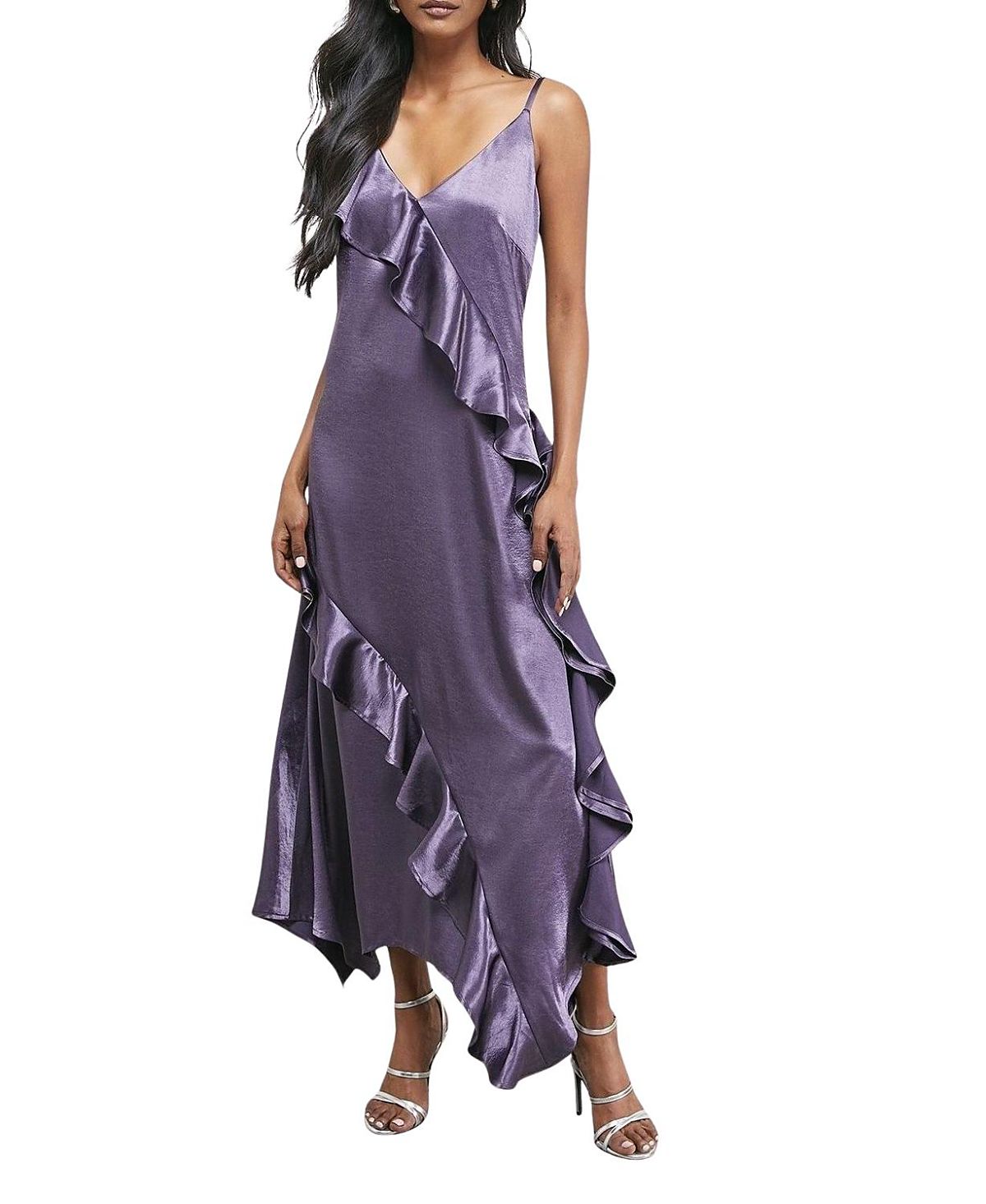 Warehouse Metallic Satin Ruffle Midi Slip Dress