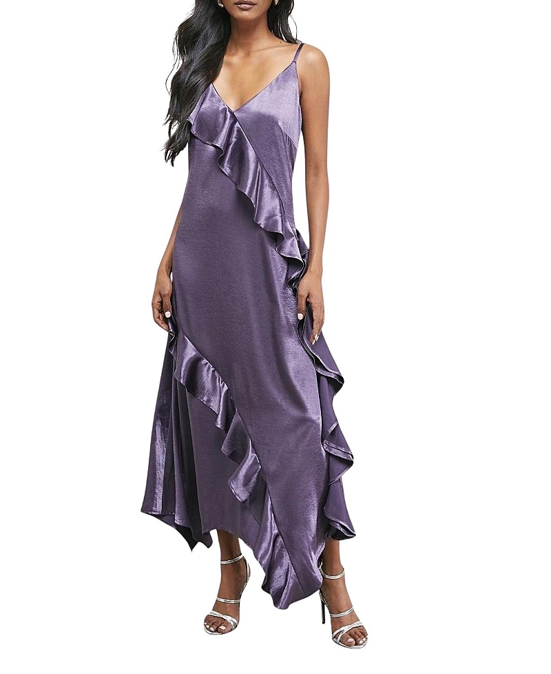 Warehouse Metallic Satin Ruffle Midi Slip Dress