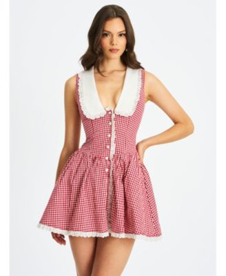  Nala Gingham Eyelet Lace Trim Peterpan Collar Mini Dress