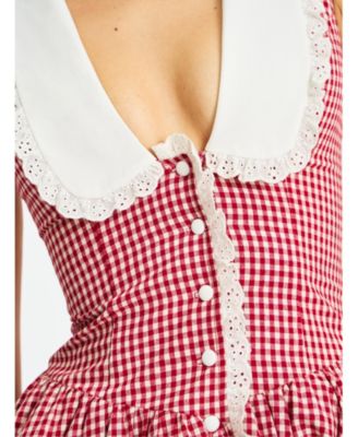  Nala Gingham Eyelet Lace Trim Peterpan Collar Mini Dress