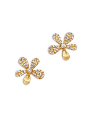 Diamond Pav&eacute; Flower Stud Earrings in 14K Yellow Gold, 0.33 tcw