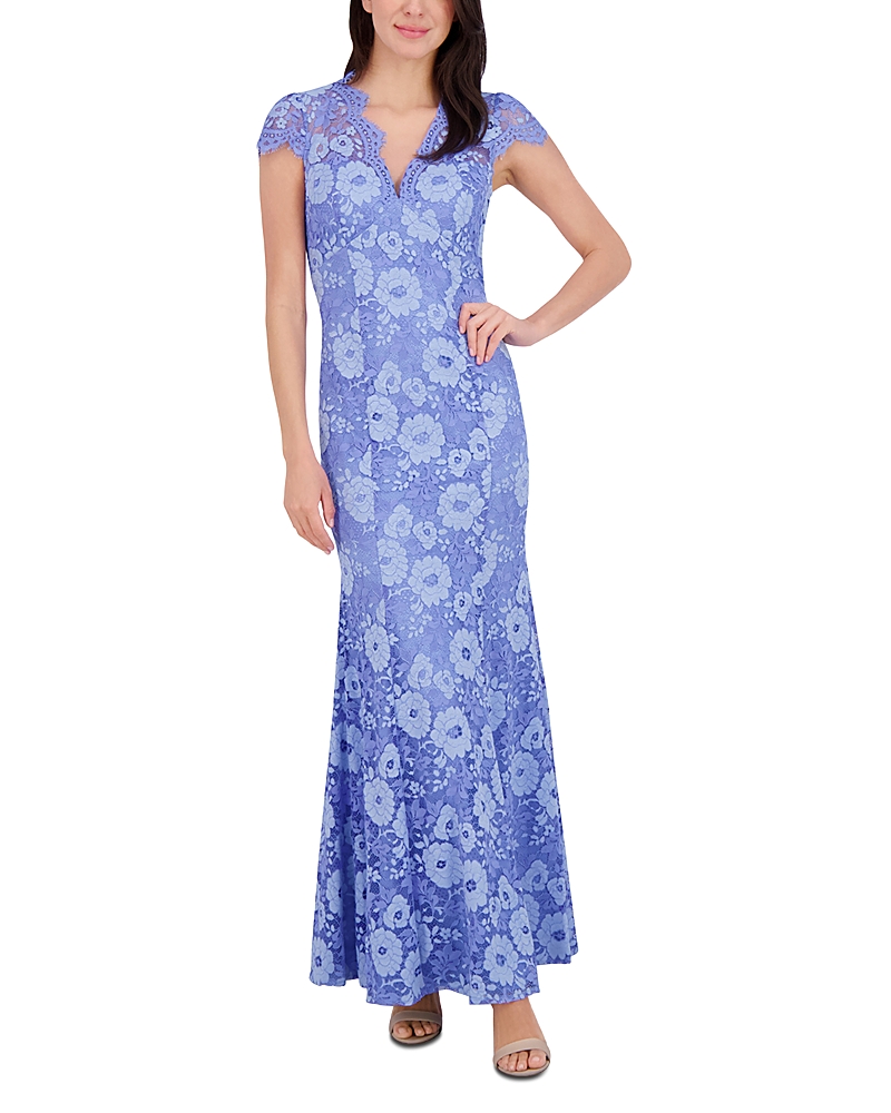 Eliza J Illusion Neck Cap Sleeve Gown