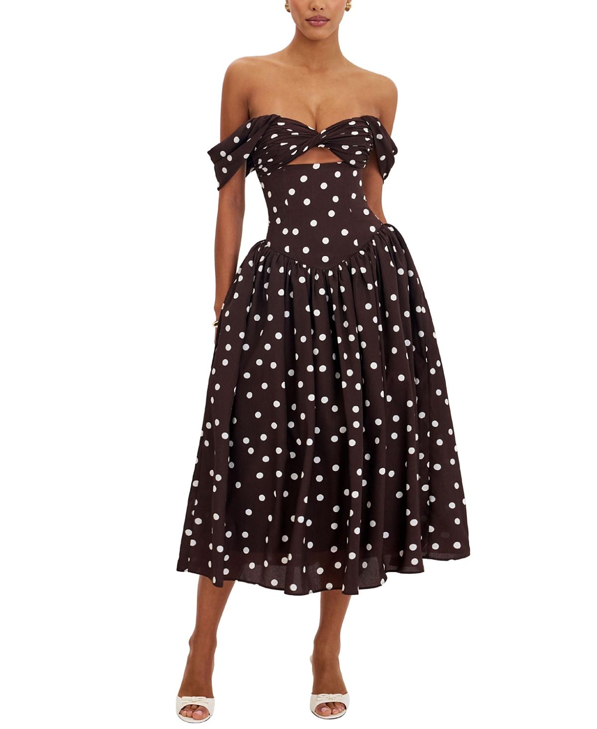 Miss Circle Xandie Polka Dot Off-Shoulder Midi Dress