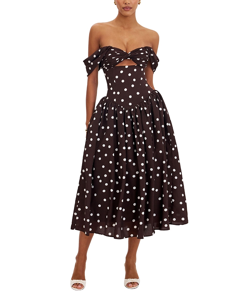 Miss Circle Xandie Polka Dot Off-Shoulder Midi Dress