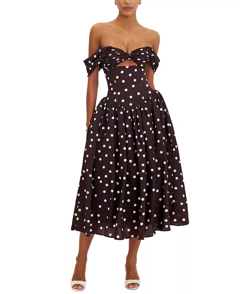 Miss Circle Xandie Polka Dot Off-Shoulder Midi Dress