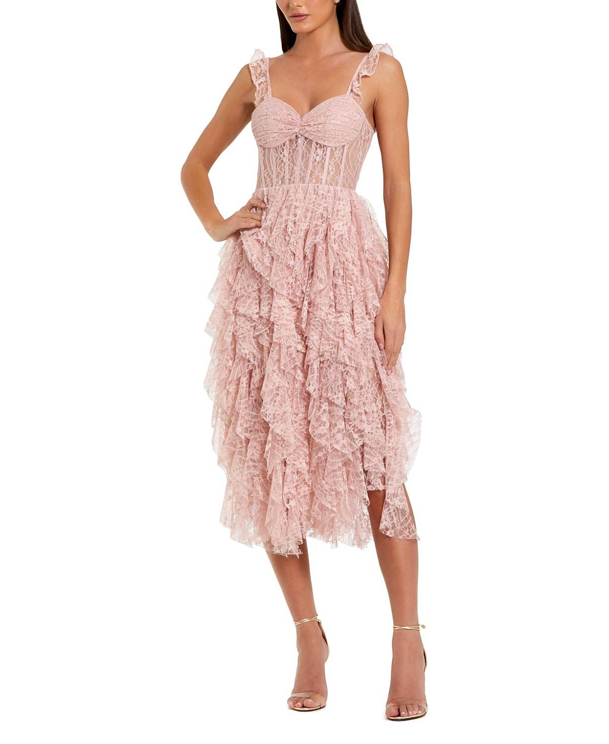 Mac Duggal Lace Bustier Midi Dress with Spiral Ruffles