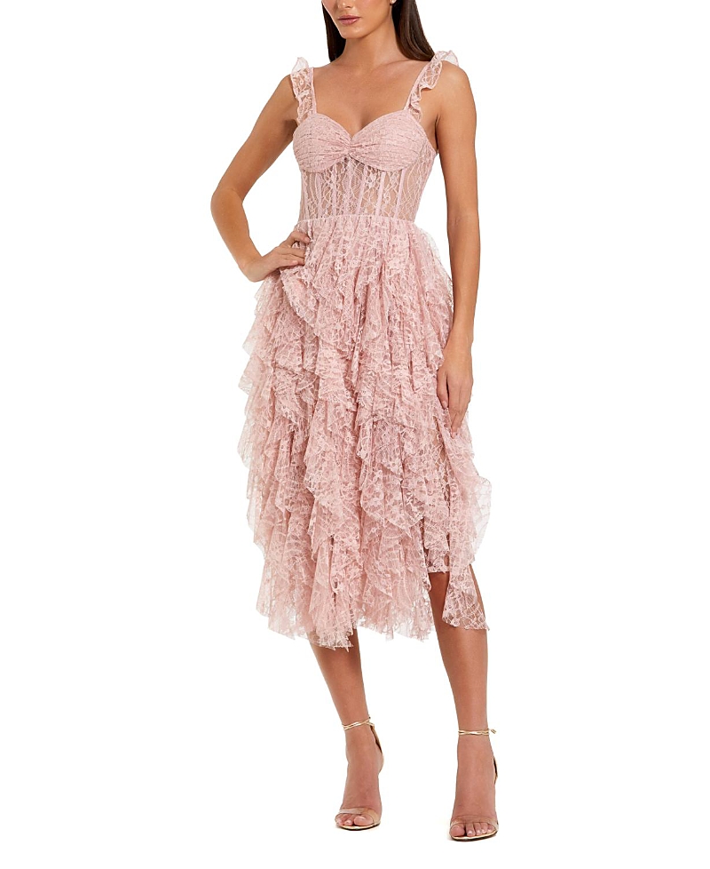 Mac Duggal Lace Bustier Midi Dress with Spiral Ruffles